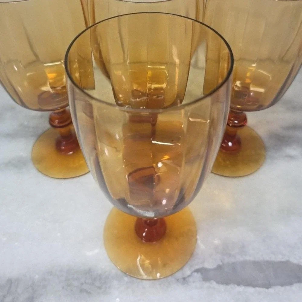 Amber Ribbed Optic Wine Glasses, Set of 4,‎ Vtg Stemware, Replacement Drinkware